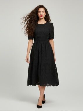 Valentina Naldi Italy Black Eyelet Broderie Midi Dress Lined Size S